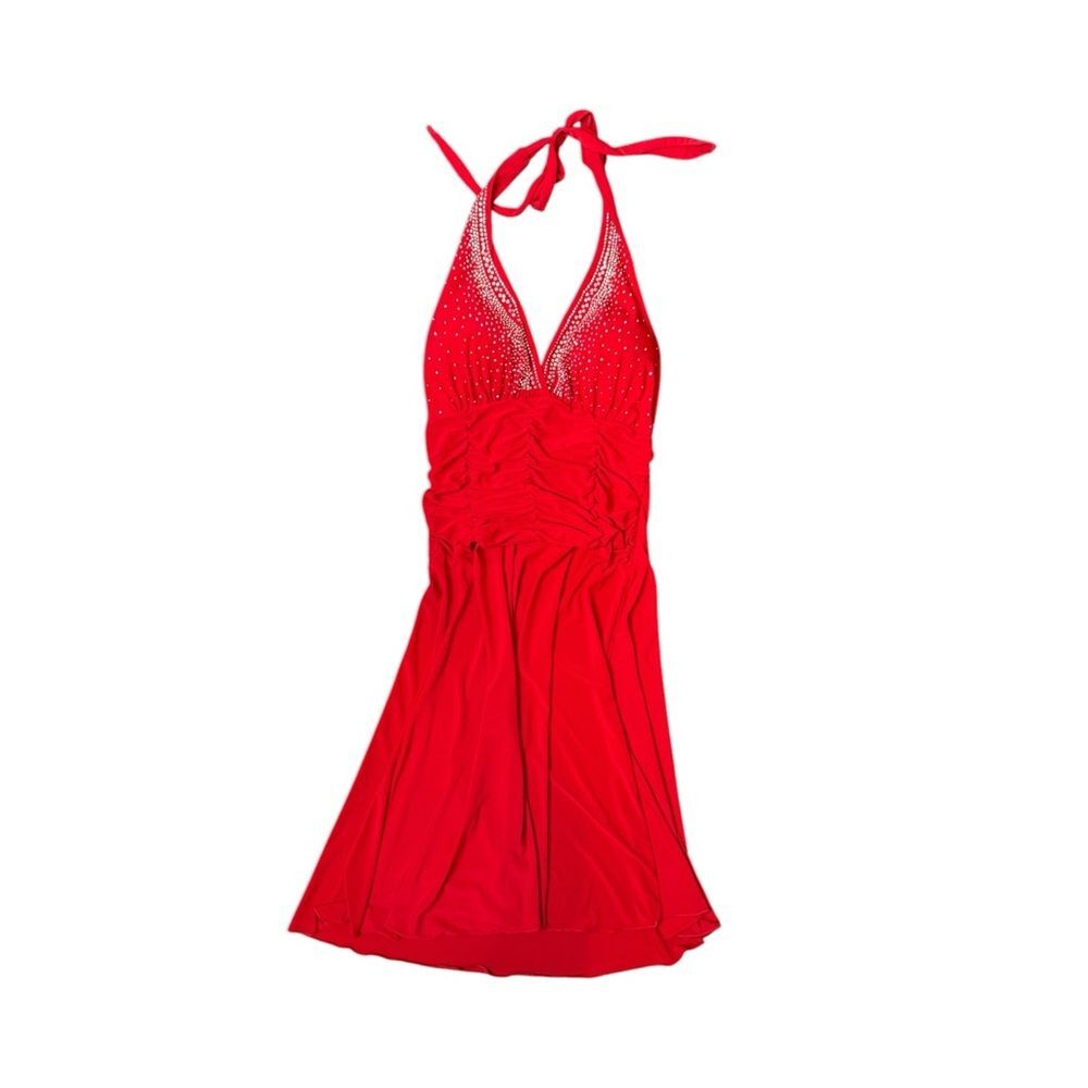 Y2K Tu Tu Fashion Halter Red Rhinestone Midi Dress Size Small - Picture 3 of 7